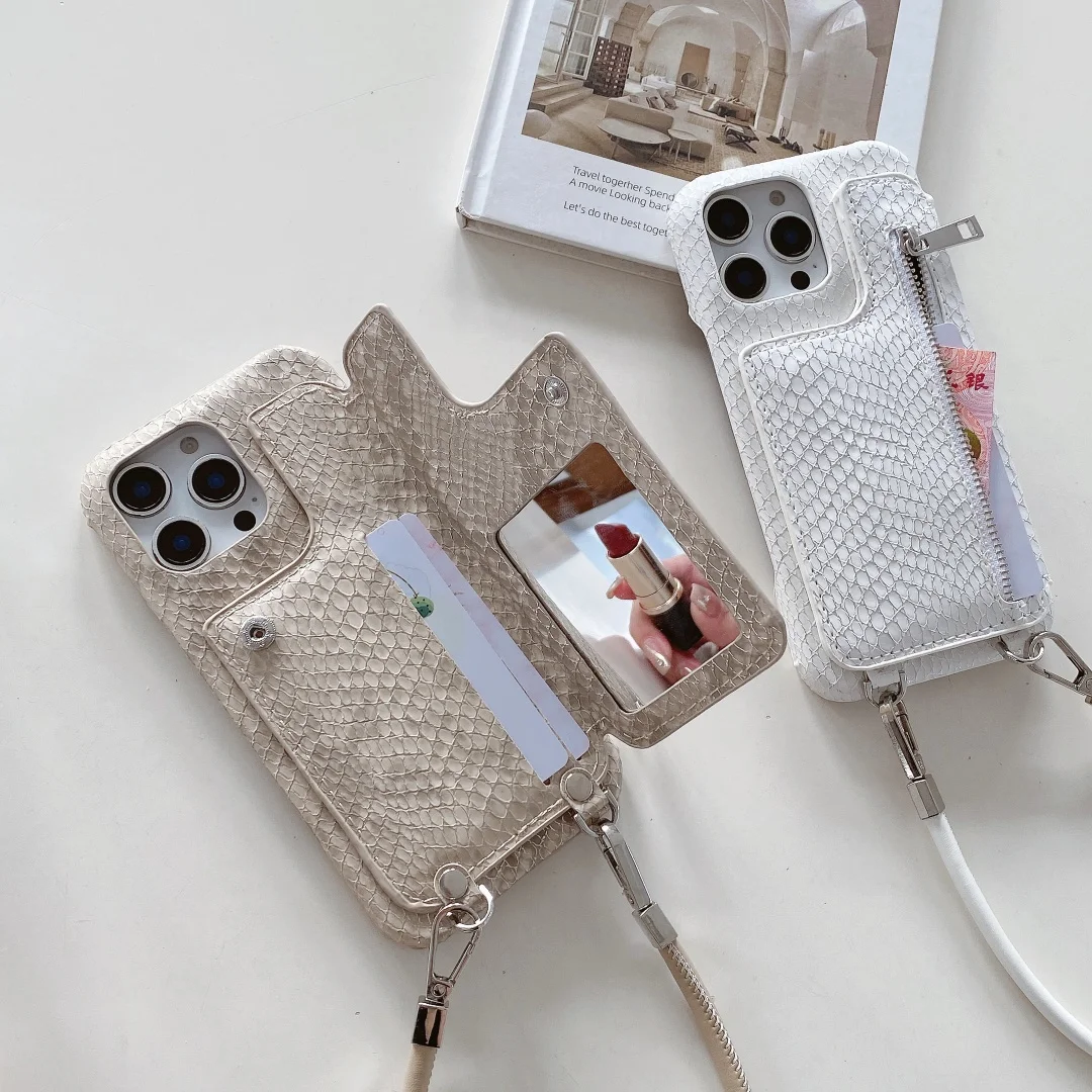 

Hand rope strap card bag Phone Case For iPhone 16 Pro 15 14 13 12 11 ProMax 16e IX 12 13 Mini Makeup Mirror Leather Zipper Cover