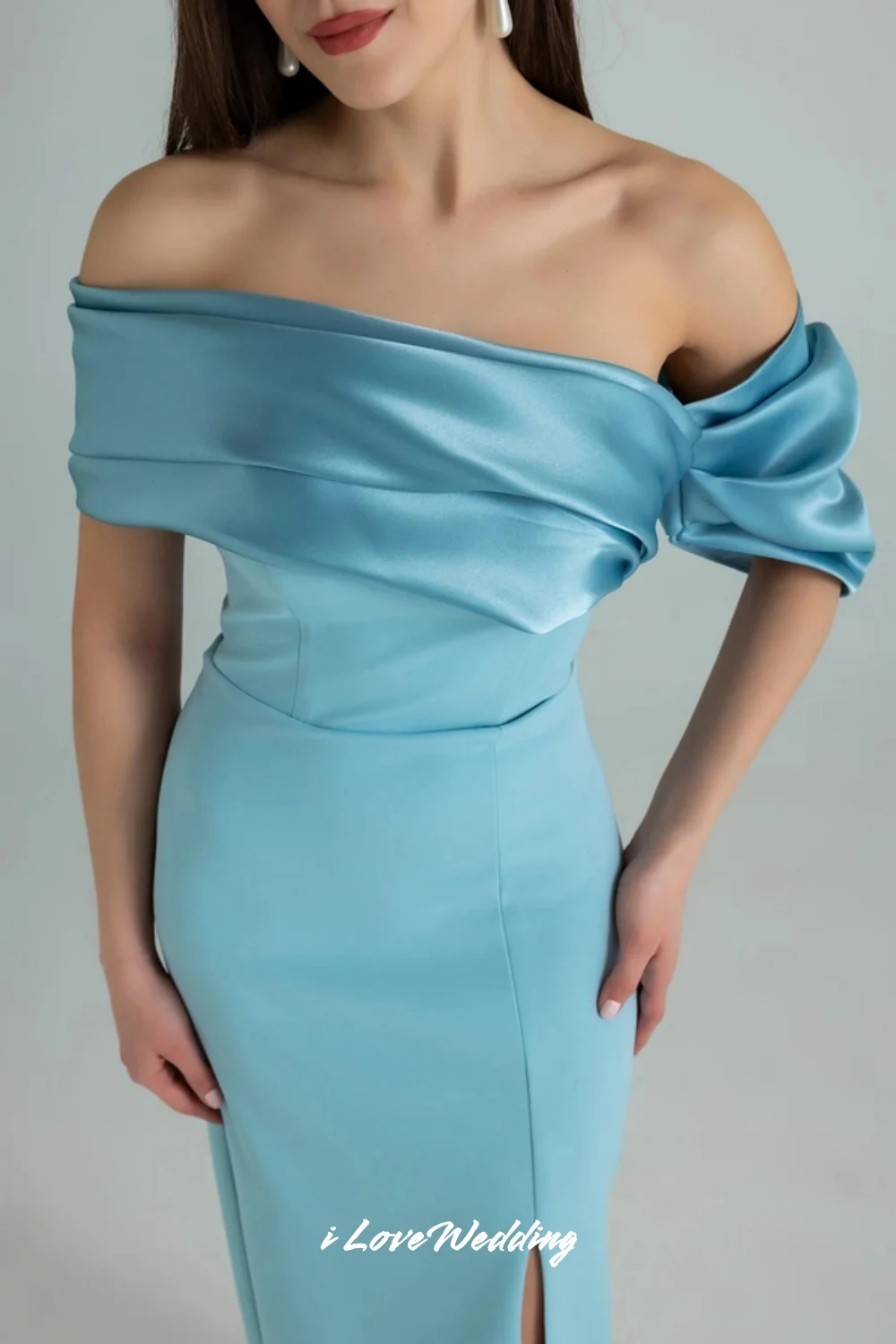 블루 오프숄더 이브닝 드레스 2025 새틴 스트랩리스 플리츠 백리스 머메이드 사이드 슬릿 웨딩 파티 드레스 맞춤 제작