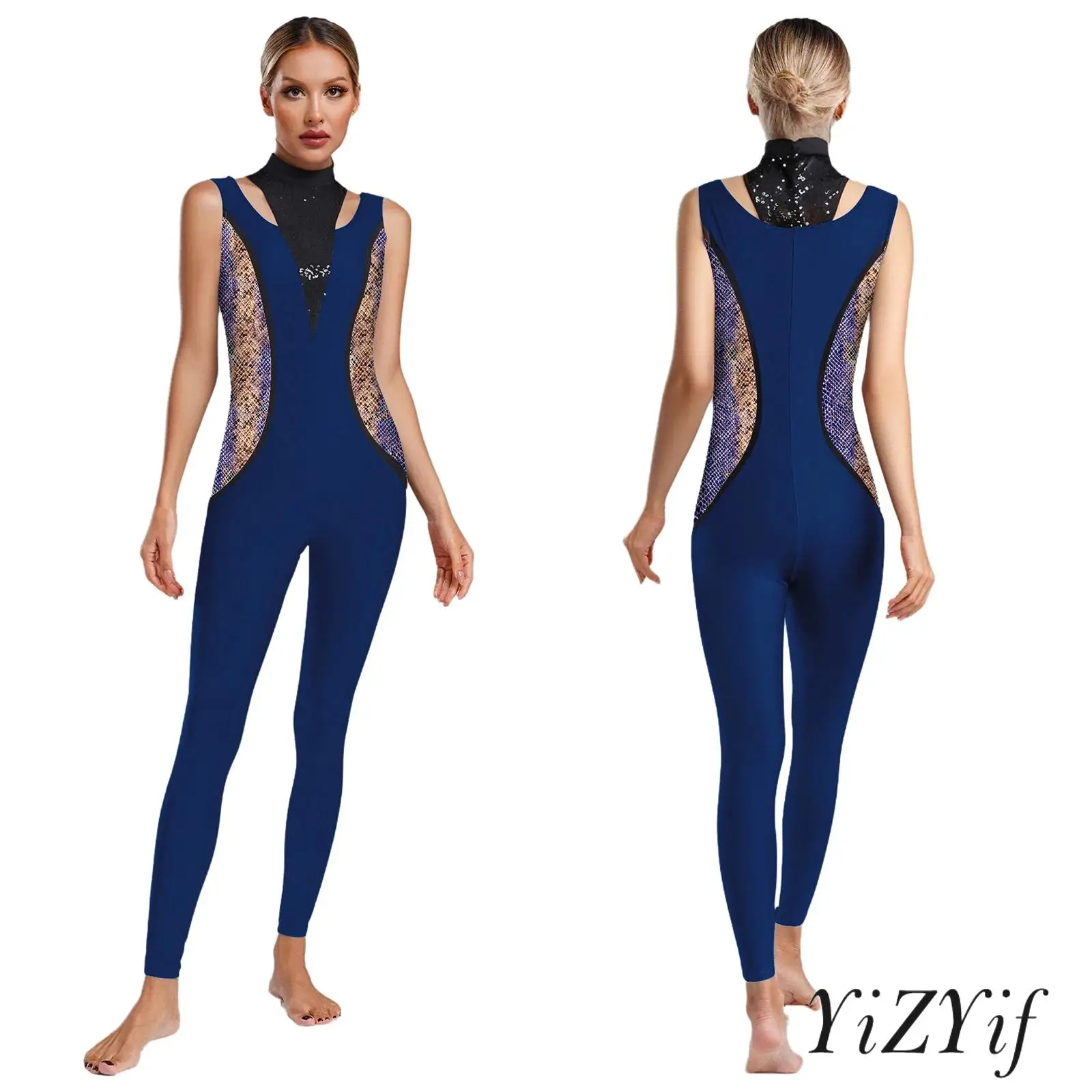 

Womens Gymnastics Glamorous Sequin Shine Bodysuit Snake Print Sleeveless Color Block Party Wear for Performance Jumpsuit