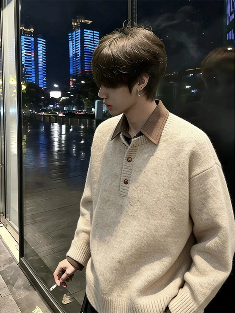 

Мужская базовая трикотажная рубашка цвета хаки, корейский стиль, с воротником-пэчворк, длинный рукав, повседневная, свободного кроя, для весеннего сезона