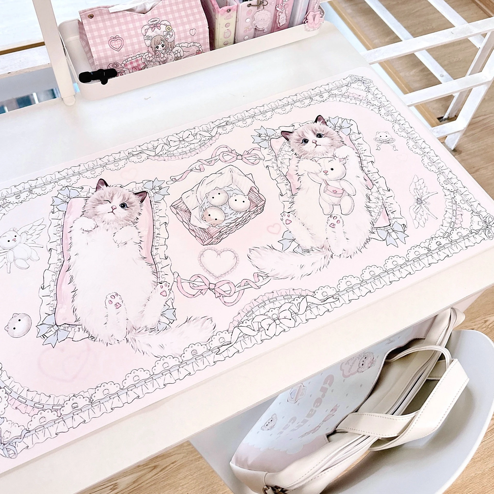 Original Design Leather Desk Mat Plush Cat Cute Girly Waterproof Leather Desk Mats Computer Keyboard Mouse Pad Pet Food Mats