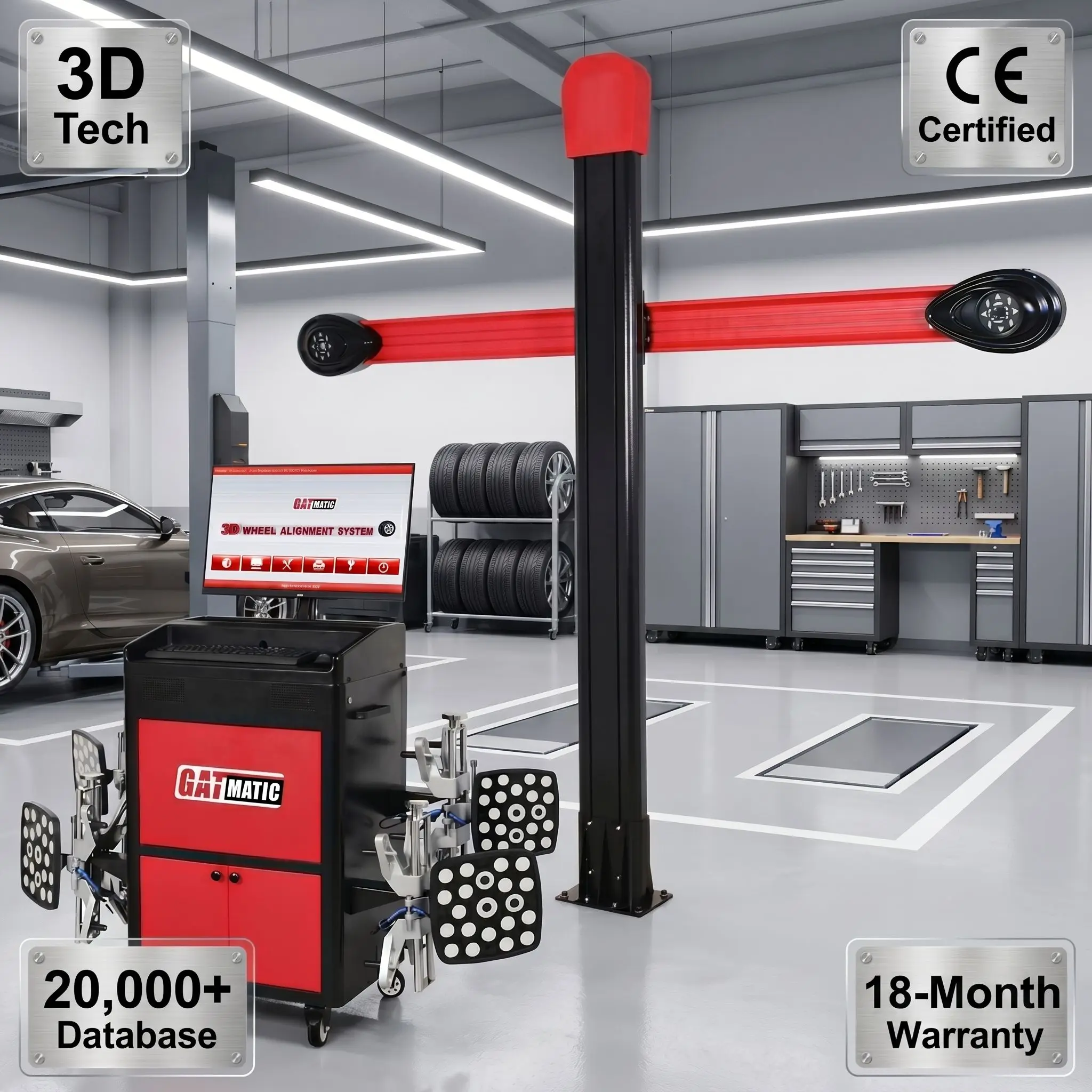 GA-300 3D Car Wheel Alignment Machine 4-Wheel High Accuracy 23 Inch LCD Screen HP Printer 200kg Capacity 12-Month
