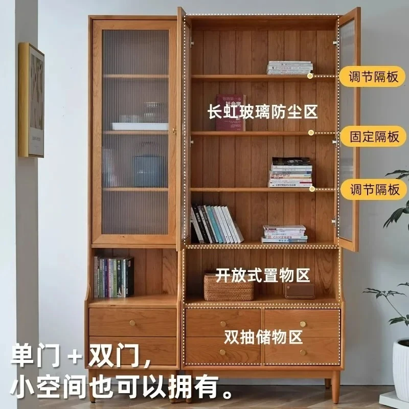 Solid Wood Full Cherry Wood Glass Door Display Floor Standing Wall-Mounted Tall Bookshelf Storage Home Dustproof Bookshelf - view 2