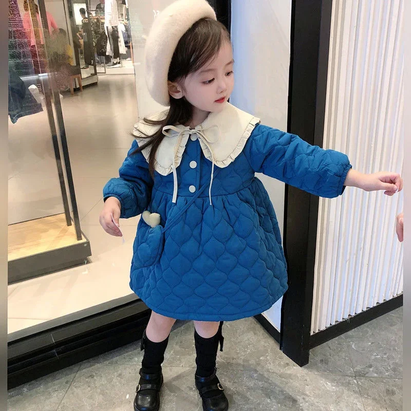 Girl's Cotton Jacket Long Jacket Baby Fall And Winter 2024 New Fashion Solid Color Patchwork Toddler Girl Coat For 1-6 Yrs