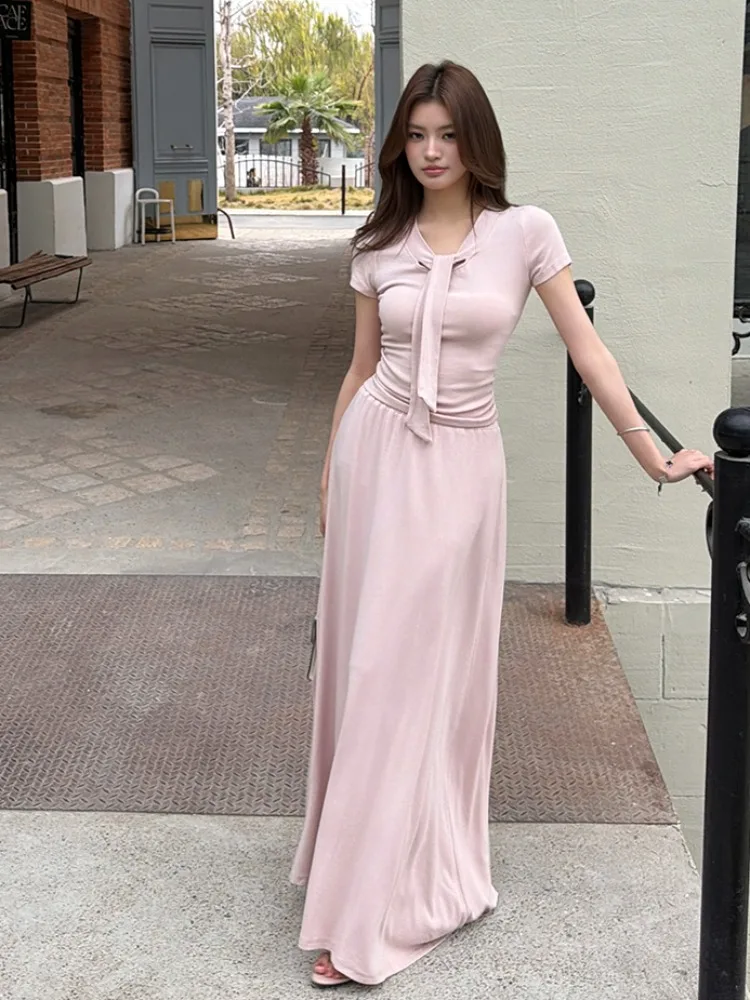 

Summer 2026 Women's T-Shirt Top with Sash Loose Midi Skirt Long Skirt Two-Piece Set Breathable Comfortable Casual Fashion