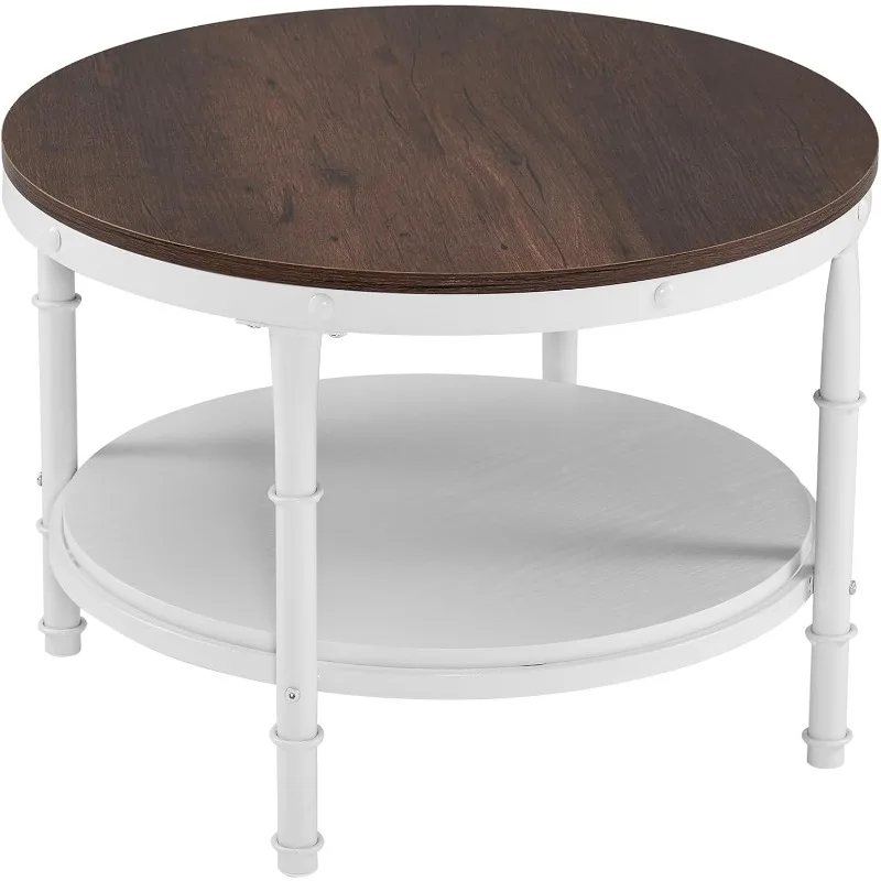 25.6" Rustic Oak White Round Farmhouse Coffee Table, 2-Tier Storage Wood Center Circle Accent Table for Living Room