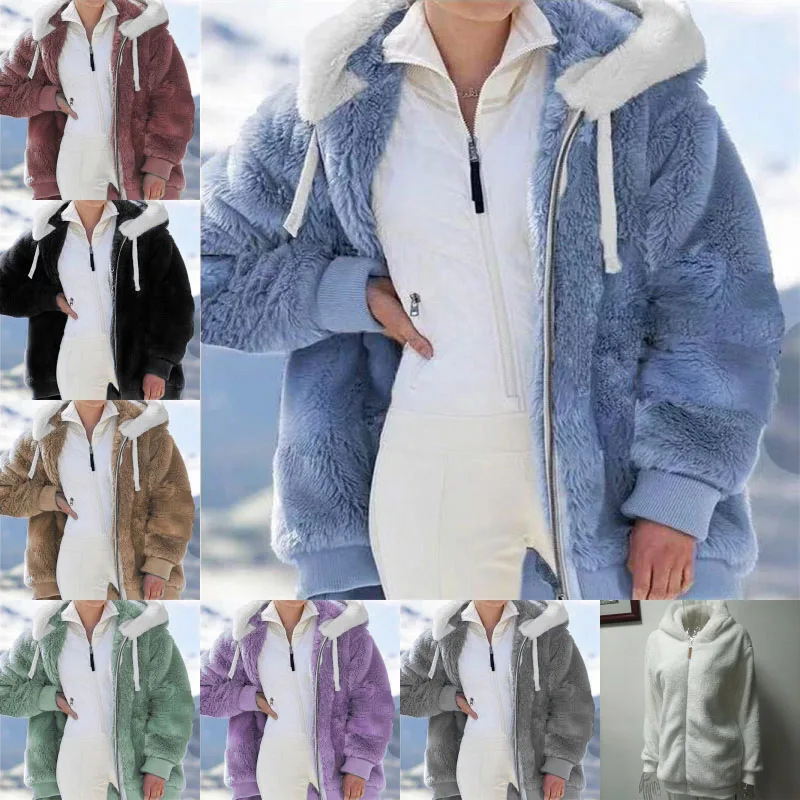 2023 Fluffy Fur Coat Women Keep Warm Short Jacket Autumn Winter Hooded Patchwork Oversize 5xl Loose Tops Female Thicken Overcoat