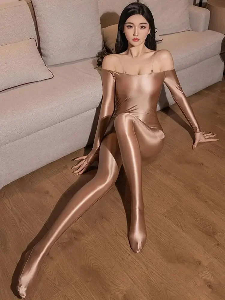 Body de manga longa com alça espaguete, body brilhante e brilhante, lingerie sexy justaucorps conjunto catsuit unitard ursinhos