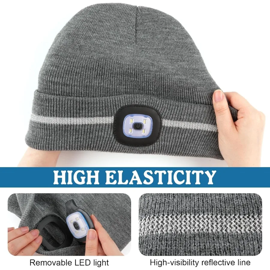 MELASA Gorro de invierno con rayas reflectantes LED, gorro de invierno de alta visibilidad con luz para trabajo al aire libre, regalos deportivos para hombres y papá