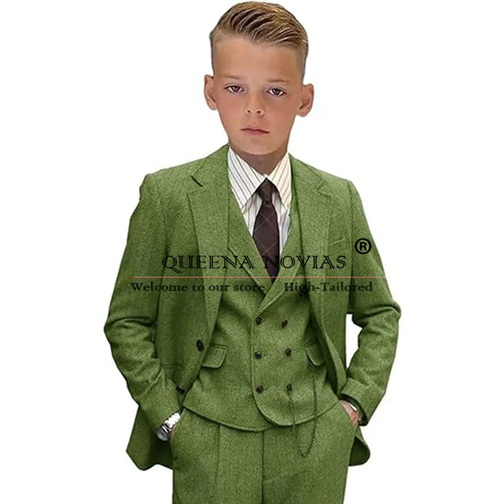 Abiti per bambini per ragazzi vestiti da festa formale set da 3 pezzi Tweed a spina di pesce Slim Fit bambini giacca da smoking da sposa pantaloni gilet