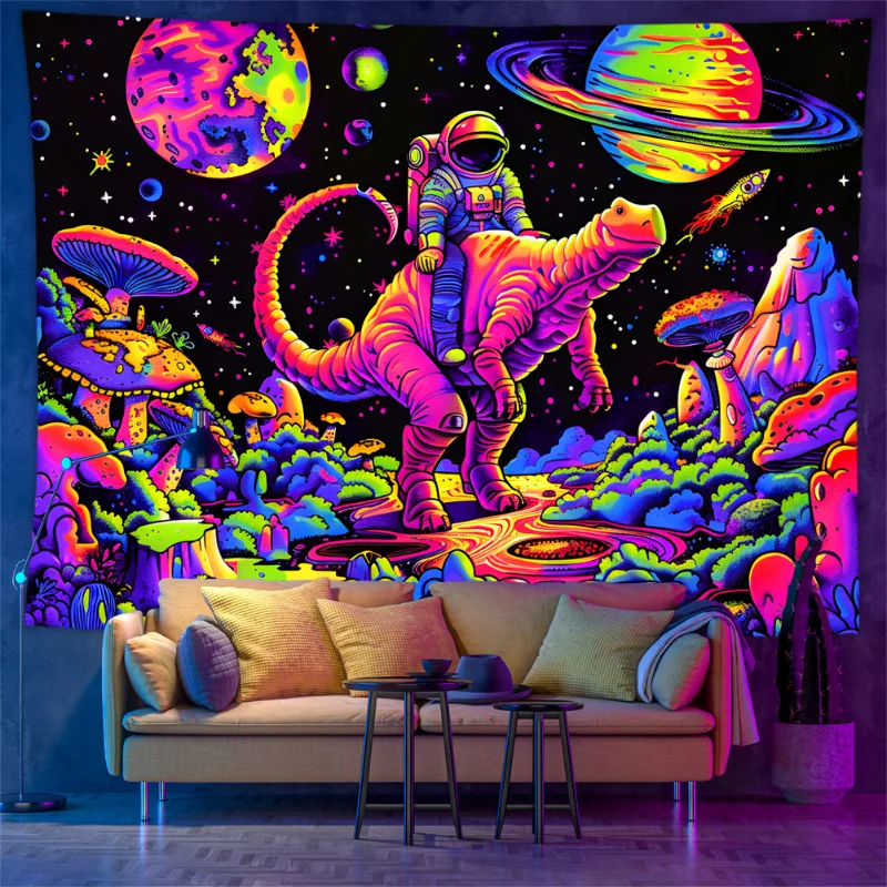 VIKAMA Blacklight Tapestry, UV Reactive Wall Hanging, Psychedelic UFO & Astronaut Dinosaur Print for Trippy Room Home Decor