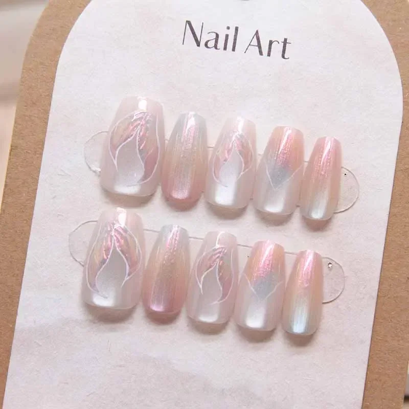10 Pcs Women Mermaid Cat Eye Handmade Press on Nails Detachable Nail Flakes Nail Flakes Nail Handmade Mermaid Middle T Ballerina