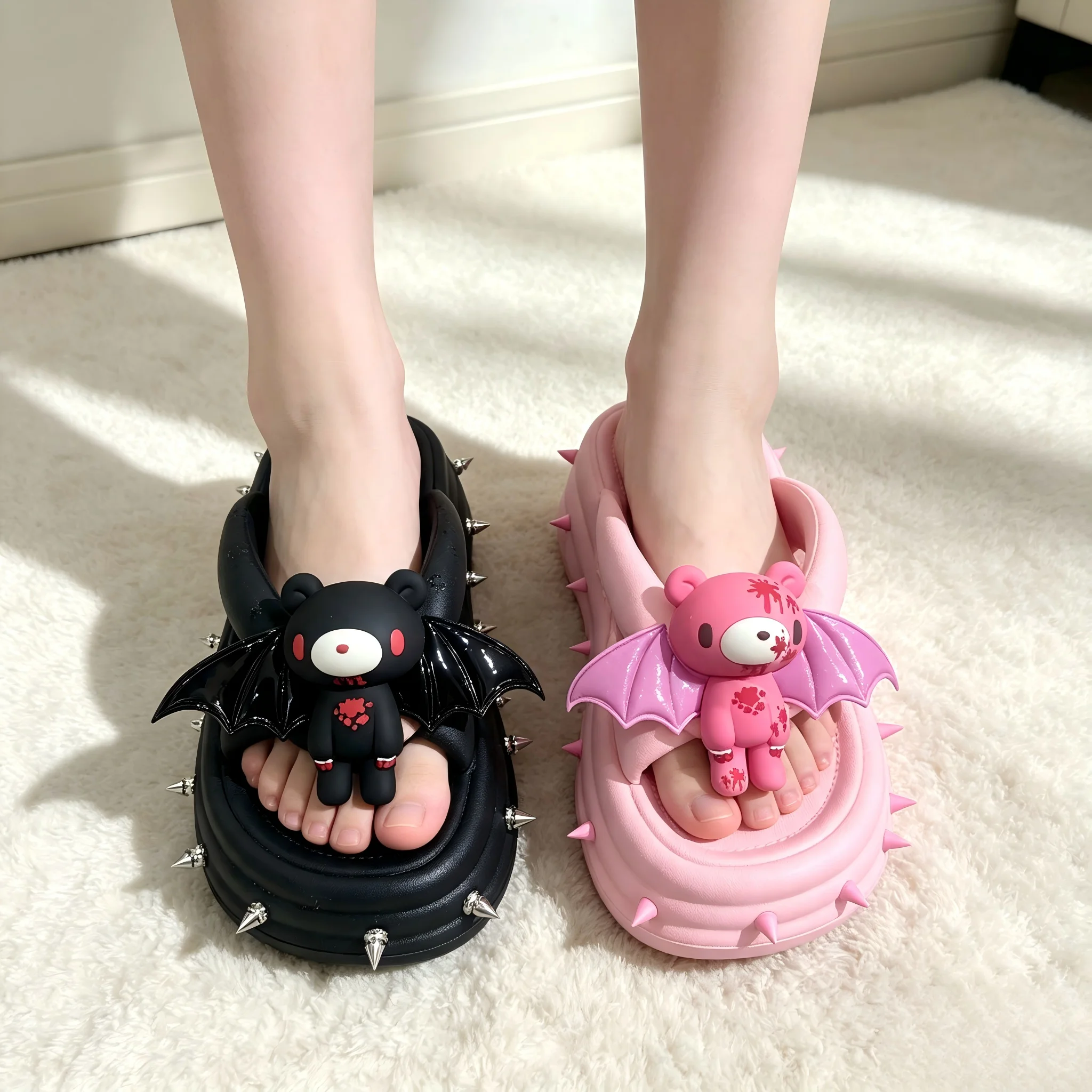 Gothic Spiked Platform Slide Sandals, Devil Wing Bear Decor Thick Sole Open Toe Slides Women Trendy Outdoor Slippers