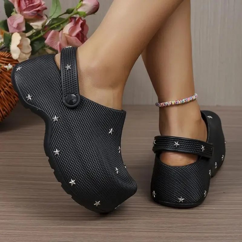 Y2K Metall-Stern Chunky Plateau Clogs Sandalen Damen Sommer 2026 Weiche Dicke Sohle Gartenschuhe Leichte Strandpantoffeln für Frauen – Detail 5