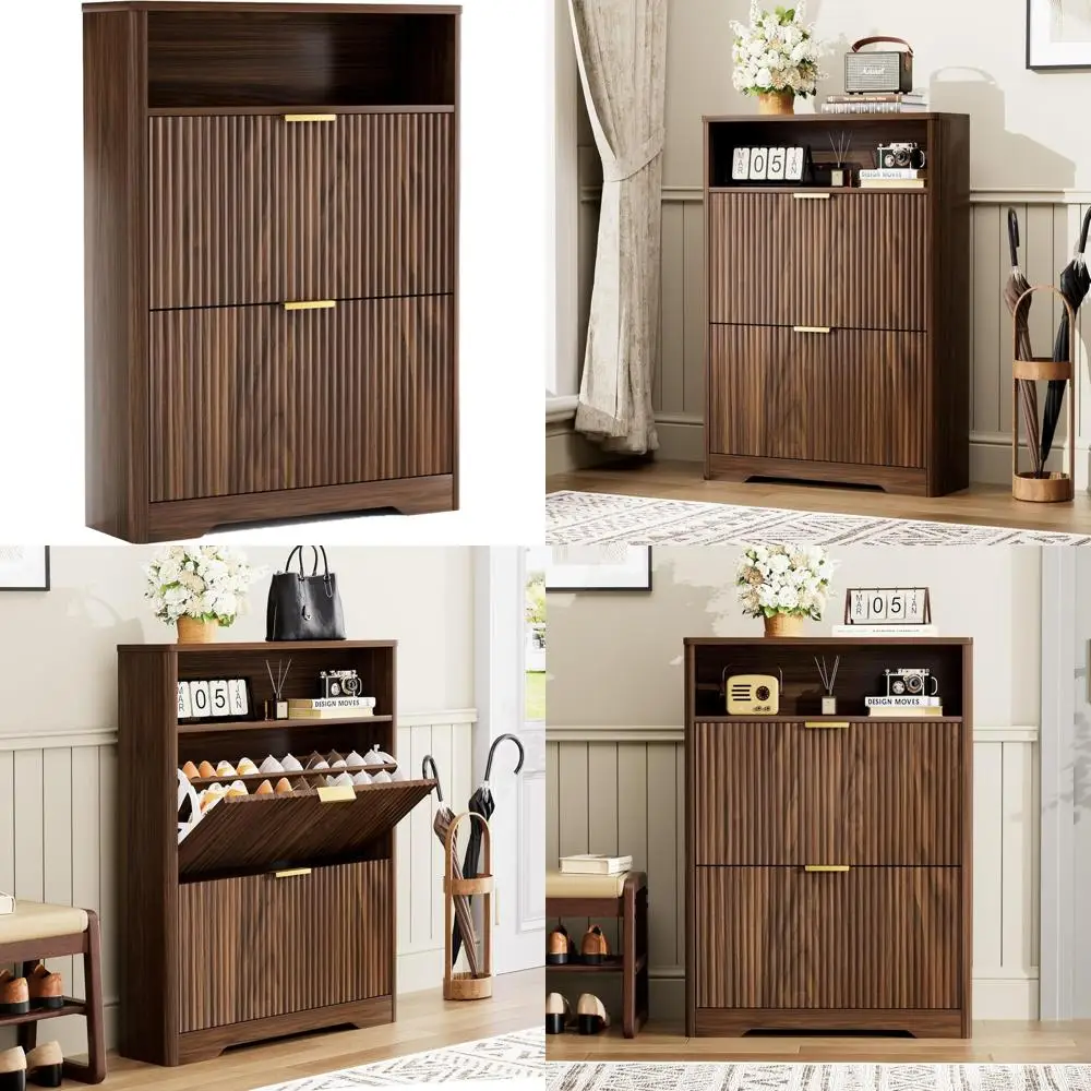 Stylish Dual-Drawer Shoe Cabinet for Entryway, Hallway, and Living Room in Walnut Finish