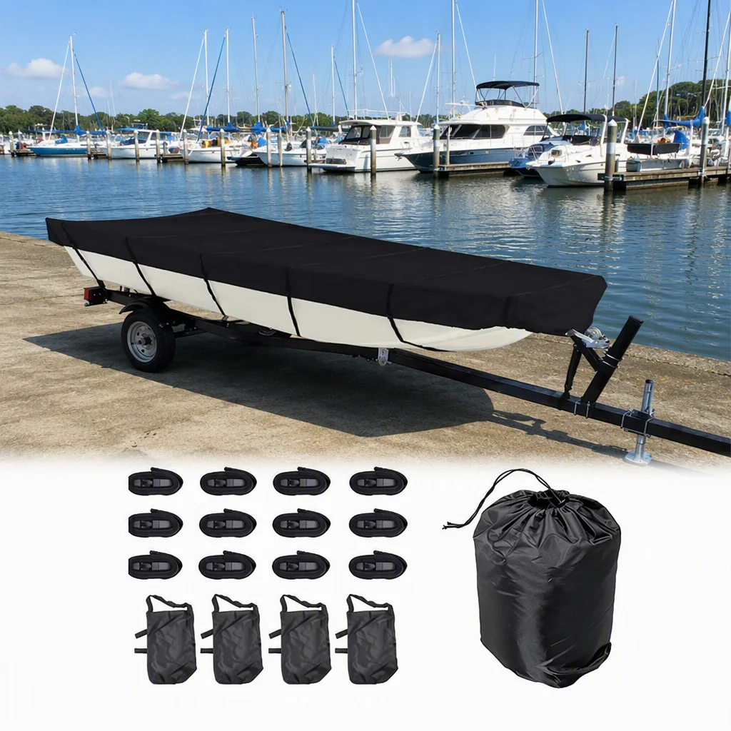 Heavy Black Jon Boat Cover Kit Complete Accessory Kit Weatherproof for Trailering Mooring Yard Storage