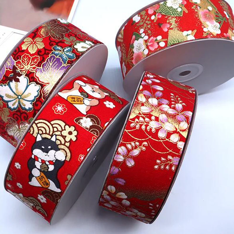 25 Yards 30MM 40MM Cotton Golden Gold Flowers Cartoon Ribbon Hair Bows DIY Crafts Gift Wrapping Handmade Accessories Decoration