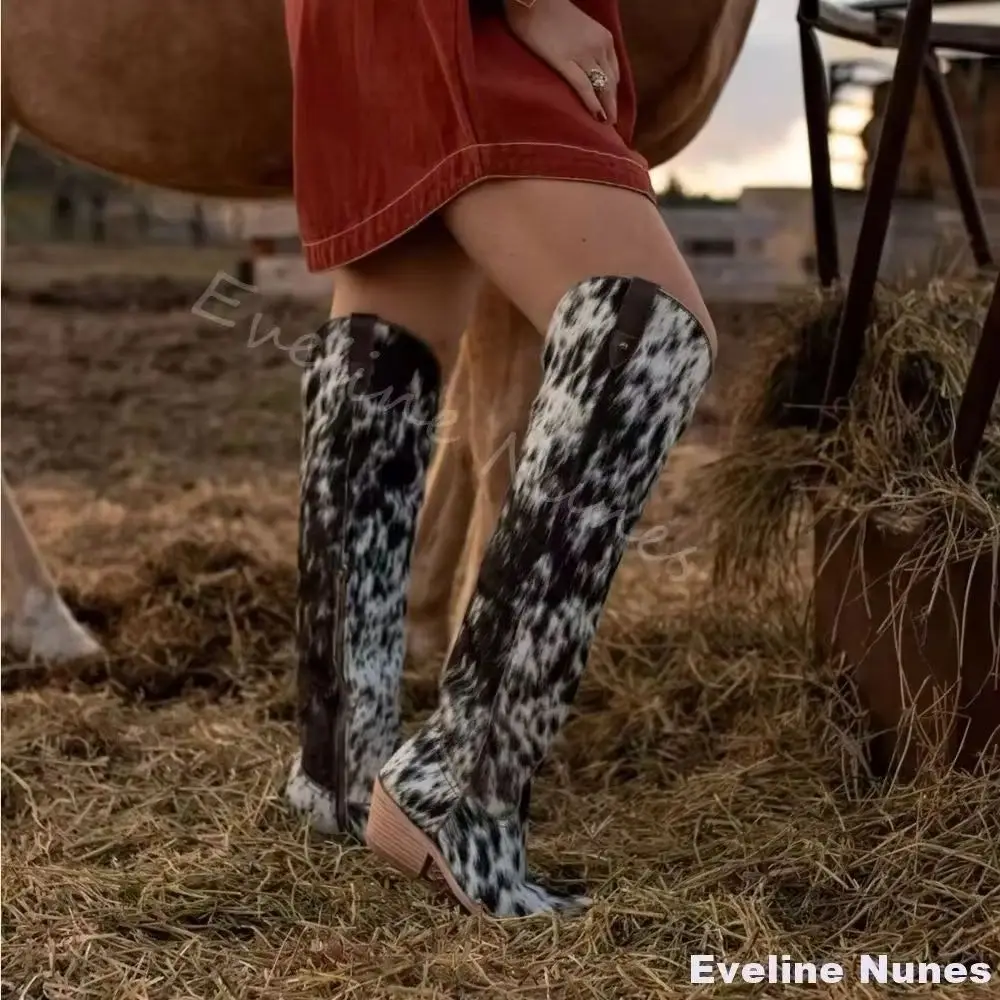 

Модный дизайн Рыцарские сапоги Женские разноцветные сапоги до колена с леопардовым принтом и круглым носком на массивном каблуке Сапоги до колена без шнуровки в стиле вестерн