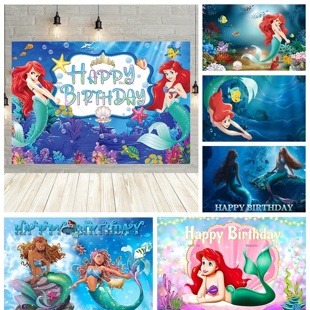 Disney Little Mermaid Ariel Cartoon Cute Sweet Girl Birthday Party Banner Backdrop Custom Kid Room Photo Poster Decor Background