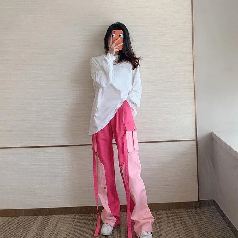 Women Clothing Spring Summer Pink High Waist Color Patchwork Straight Wide Leg Pants Design Sense Loose and Thin Street Pants