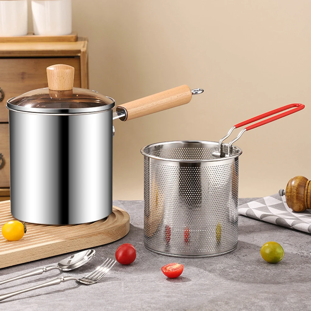 

1 Set Stainless Steel Deep Fryer Pot With Wooden Handle Multi-Use Frying Basket Household Kitchen Cookware Nonstick Fry Pan For