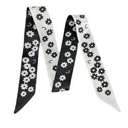 Black And White Flower Print Women Fashion Skinny Small Bag Twill Silk Scarf Ribbon Head Hair Handle Tie Scarf For Women