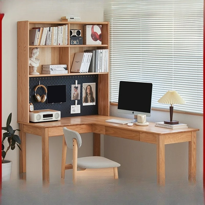 All solid wood corner desk bookshelf integrated study simple computer desk