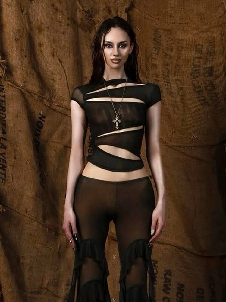 

Женские нерегулярные полые топы Macheda, сексуальные прозрачные облегающие футболки с круглым вырезом и мини-рукавами, уличная мода, универсальные узкие футболки в диком стиле