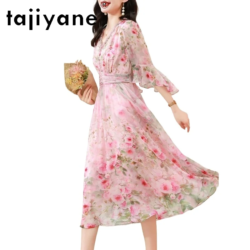 

TAJIYANE 100% натуральное шелковое платье из тутового шелкопряда, элегантное розовое платье с рукавами-рюшами, летние платья для отпуска, женская одежда 2026, vestidos