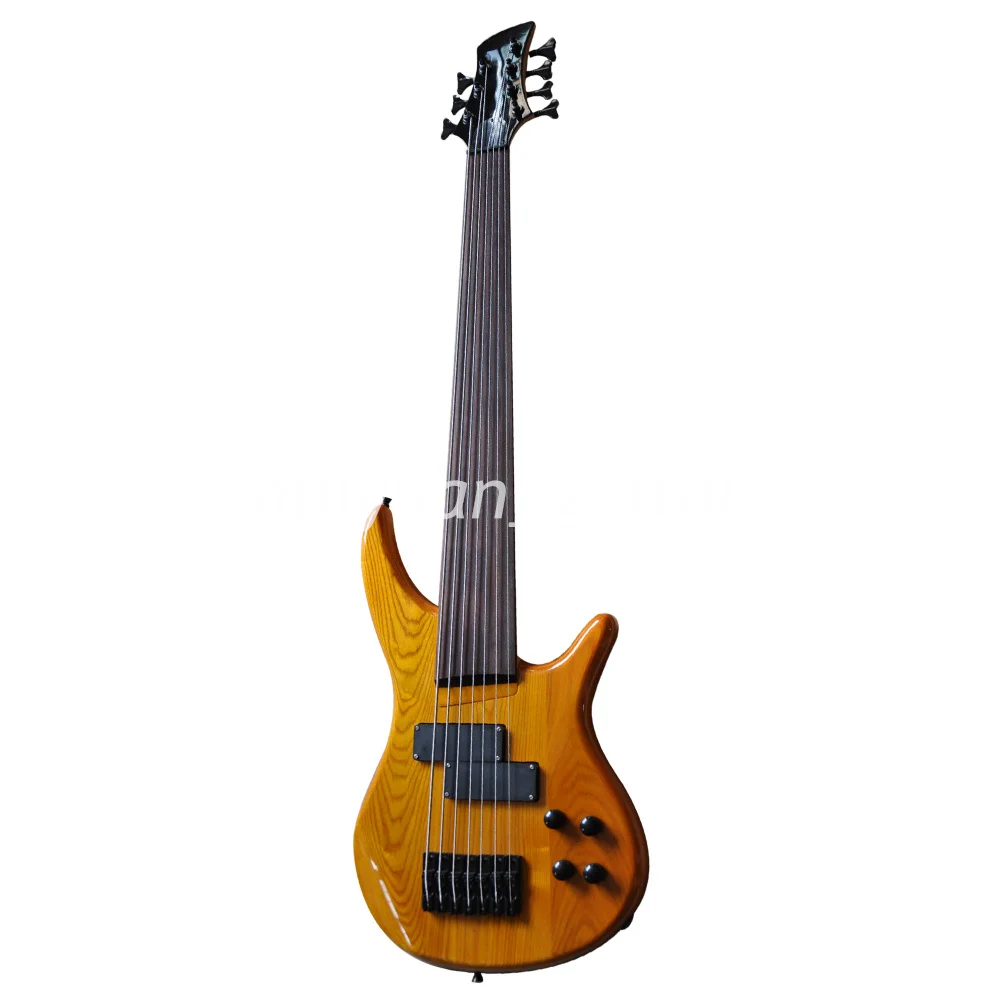Flyoung 7 Strings Fretless Natural Wood Color Ash Electric Bass Guitar with Rosewood Fretboard 24  Frets