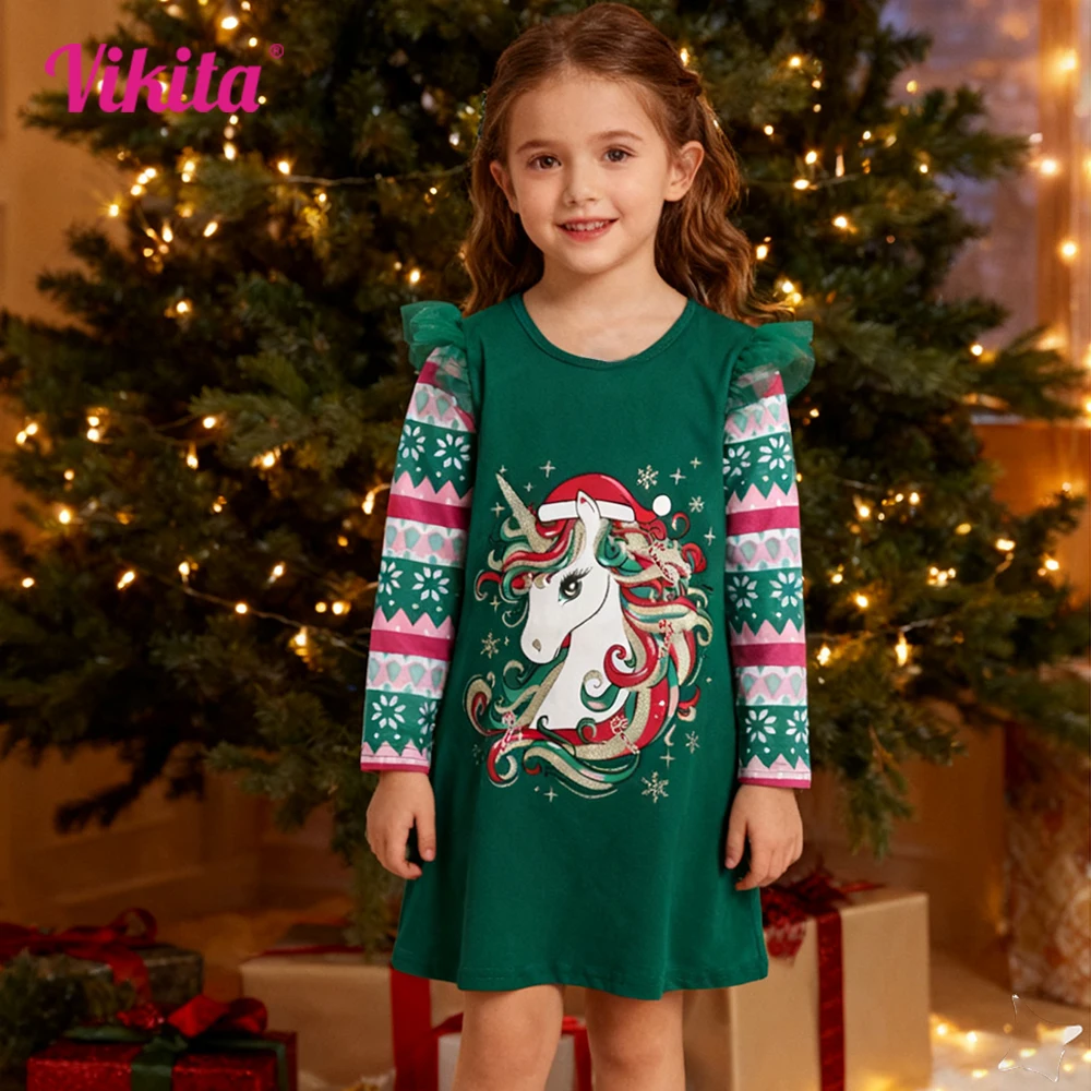 Girls Christmas New Year Xmas Green Soft Cotton Dress Kids Flare Sleeve Unicorn Striped Dresses Kids Festival Holiday Party Wear