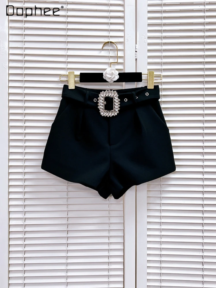 

Autumn Clothes Sparkling Rhinestones Buckle Belt Decorative Black Shorts 2023 New Fashion High Waist Straight Suit Shorts Women