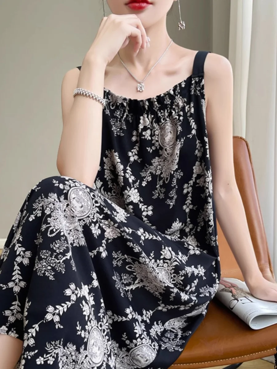Loose Korean Sle Satin Snowflake Print Acetate Strap Dr Long A-Line Gown Casual Summer Travel Beach Vest Dr