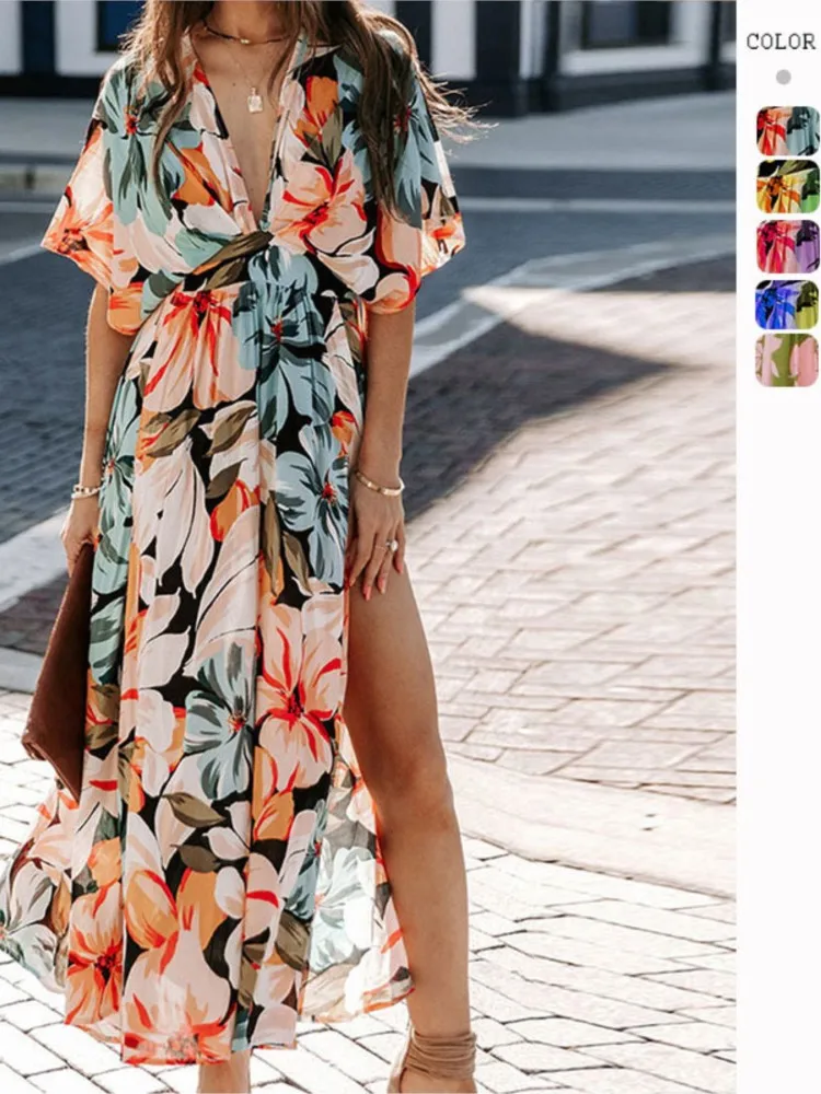 

2024 New Printed Long Skirt Women's Bat Sleeve Sexy Deep V-neck High Waist Split Dress Fashion Casual Beach Vacation Tank Top
