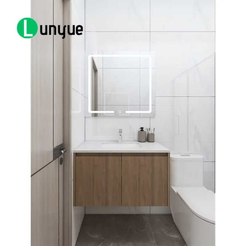 Modern Plywood Bathroom Cabinet with LED Mirror Ceramic Basin Waterproof Vanity Unit for Home Bath Storage Durable Design