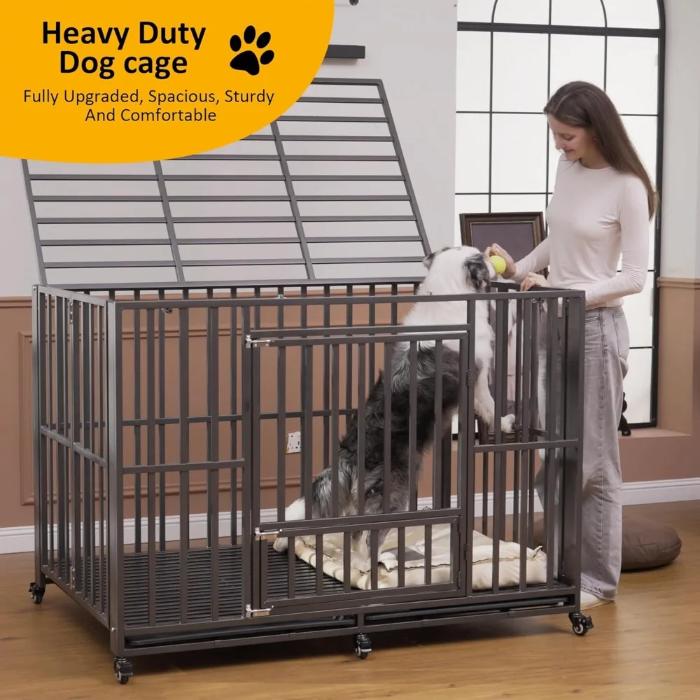 60 inch Heavy Duty Dog Crate, Folding Dog Kennel No Assembly, Escape Proof Large Dog Cage Kennel with Lockable Wheels