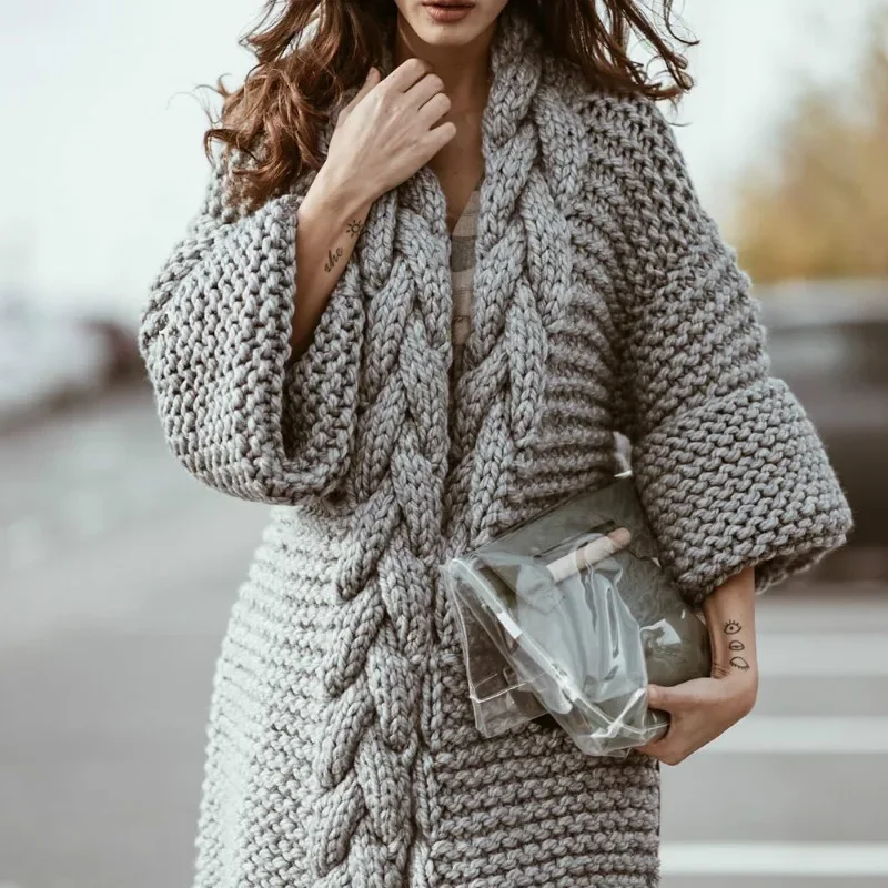 Hand-woven Split Wild Tassels Hook Twist Sweater Coat Crocheted Cardigan Autumn and Winter Thick Long Lantern Sleeve Crop Tops