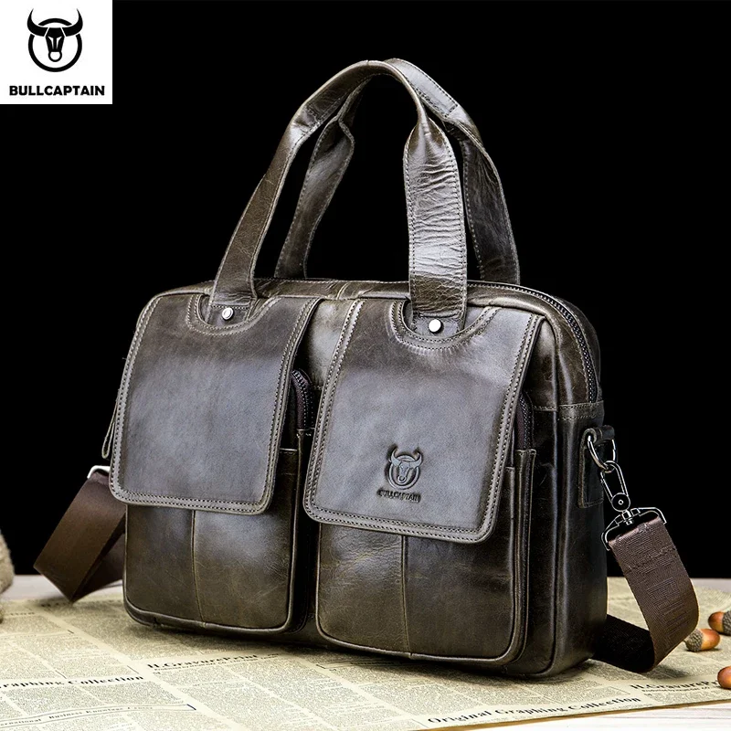 Imagem -03 - Bolsa de Couro Genuíno Bullcapitão Masculina Bolsa de Ombro Casual para Laptop e Trabalho Escritório 042