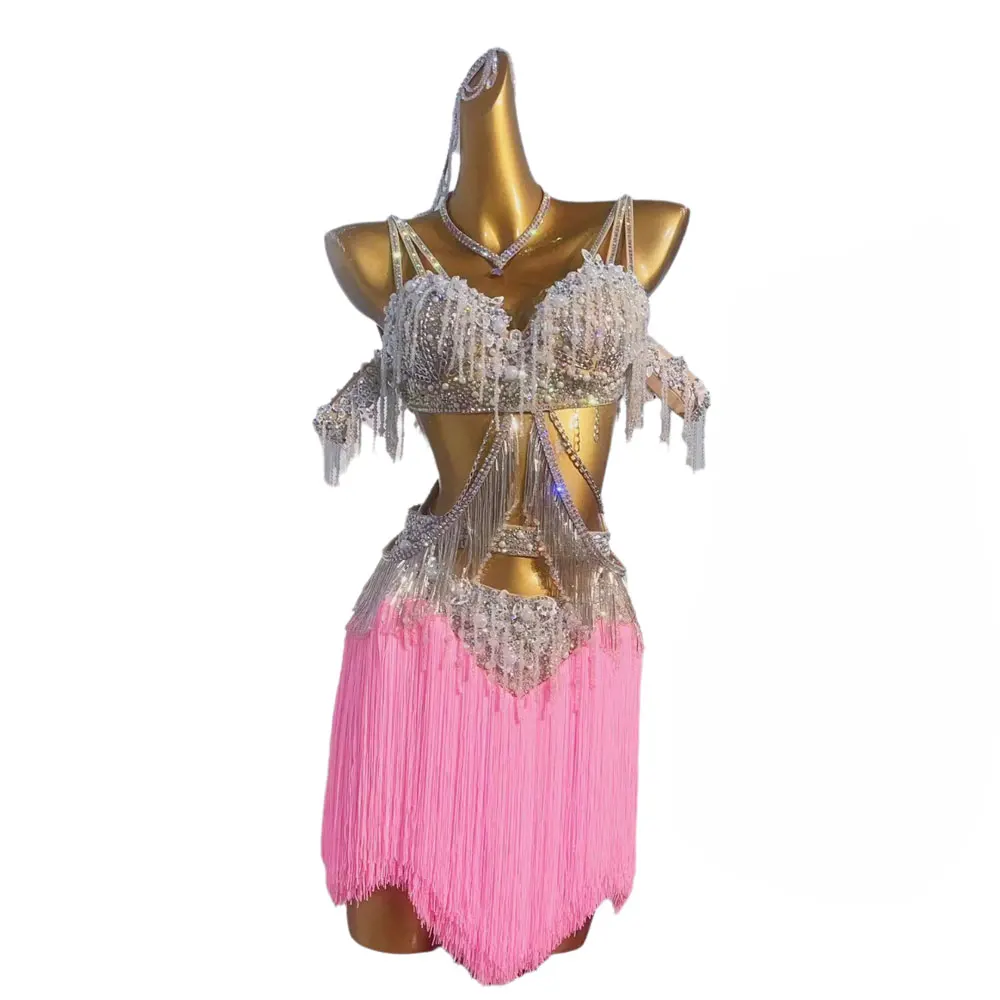 Latin Dance International Stage Women's High-end Custom Pearl Bra Tassel Skirt Samba Rhinestone Performance Costume Dress