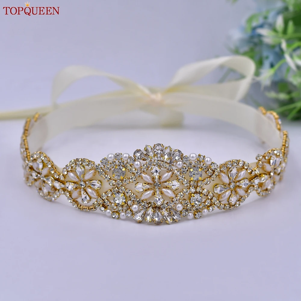 TOPQUEEN S161-G Wedding Gold Belt Pearl Rhinestone Belts for Dresses Diamond Applique Trim Beading Decoration for Wedding Bridal