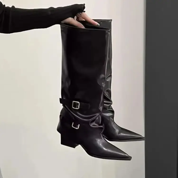 High-Tube Long Boots Women's Faionable Retro Belted Pointed Toe Booties Spring Autumn PU Leather Cotton Lined Rubber ...