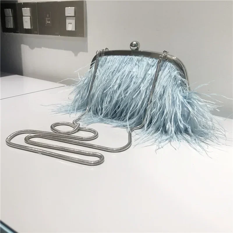 Luxury Design Women's Pearl Chain Handbags Faux Ostrich Fur Evening Bags Fashion Pink Purses Furry Clutch with Crossbody Chain - view 6
