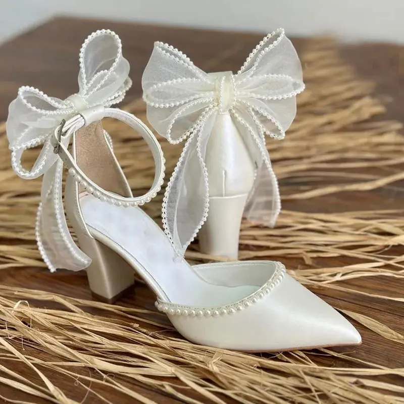 

Pearl Bow Ladies Pointed Toe Pumps Thick Hollow High Heels Summer White Women Wedding Shoes