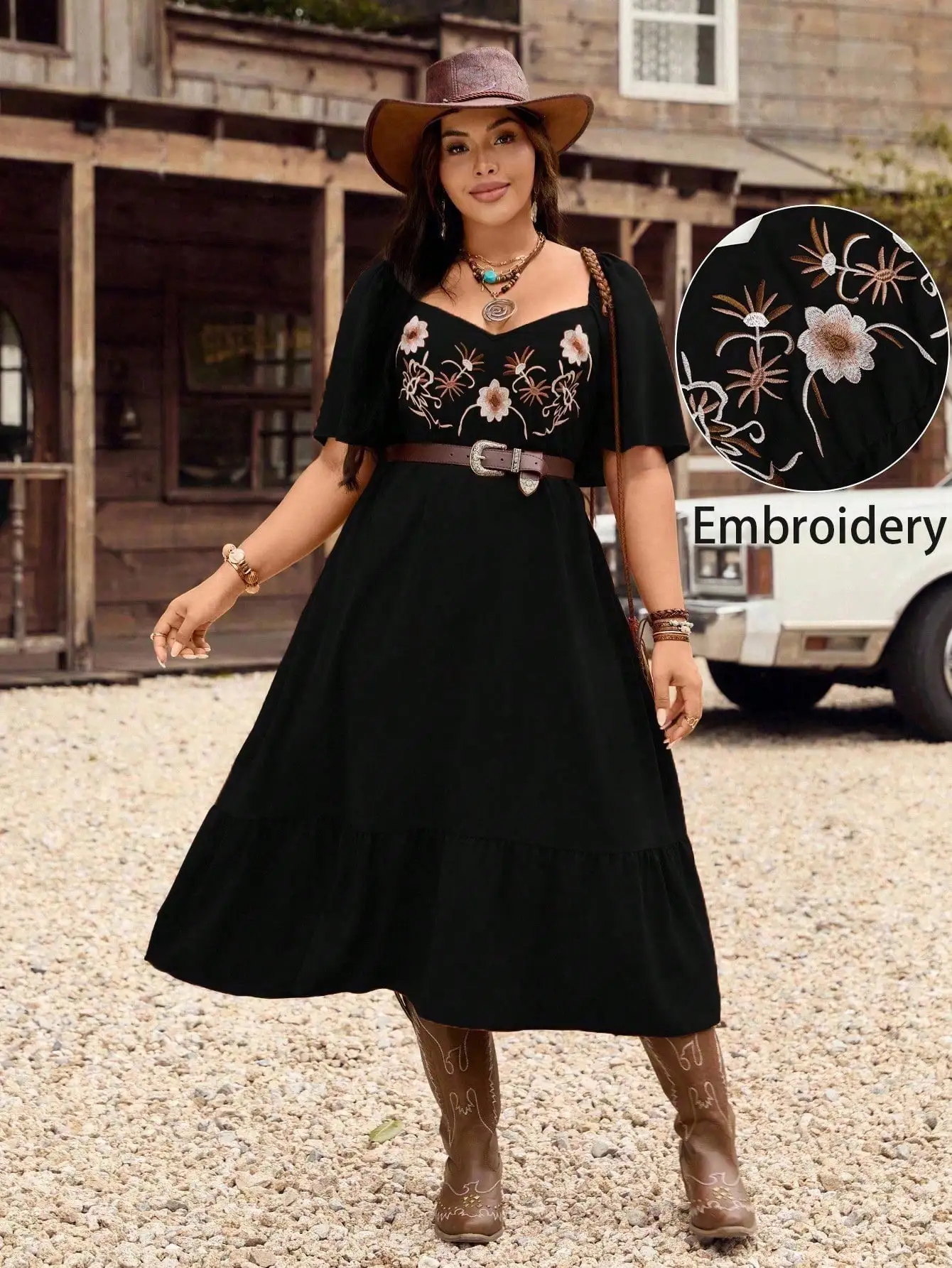 

Платье женское больших размеров, весенне-летнее, в западном стиле, с вышивкой, рукавами-воланами и многоярусным подолом, повседневное