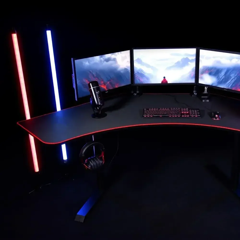 L-Shaped Gaming Desk with Full Coverage Mouse Pad, Adjustable for Standing or Seated Use, Black