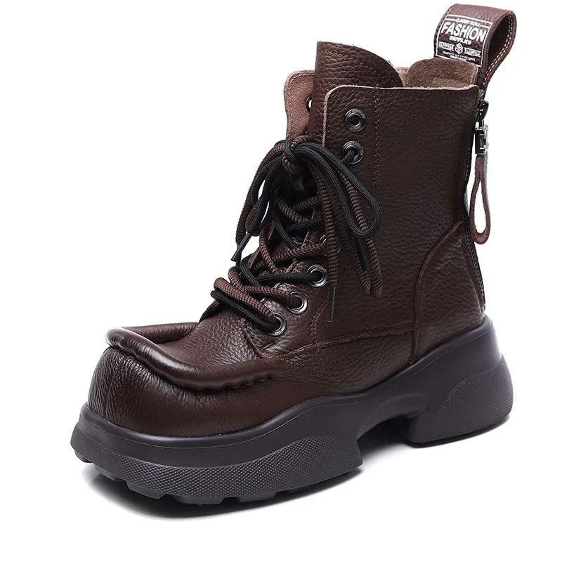 

5.5cm Women Boots ZIP Platform Moccasins Retro Autumn Winter Plush Spring Shoes Cow Genuine Leather British Wedge Ankle Ethnic