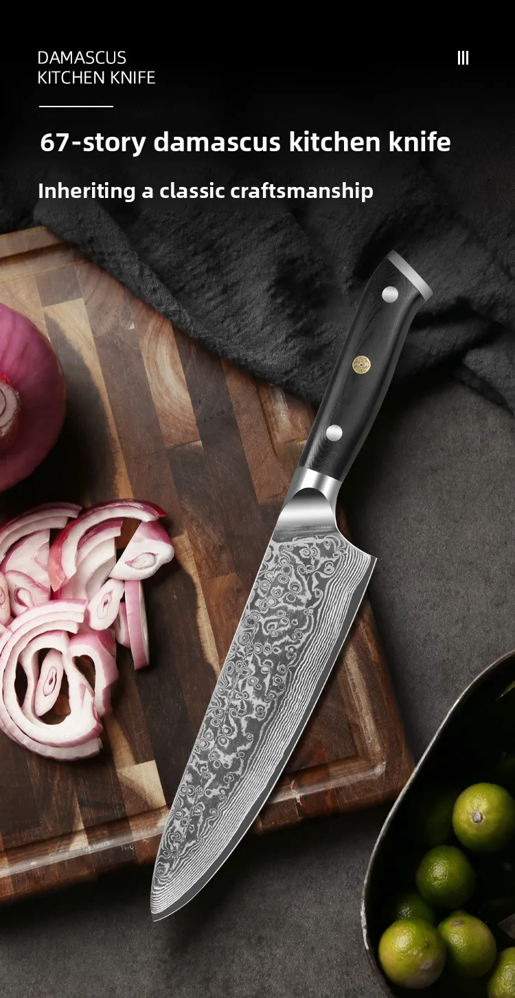 

korknife 8'' Damascus Chef Knife 67 Layers Damascus Steel Sharp Blade Kitchen Knives G10 Handle Meat Vegetable Cutter Tools