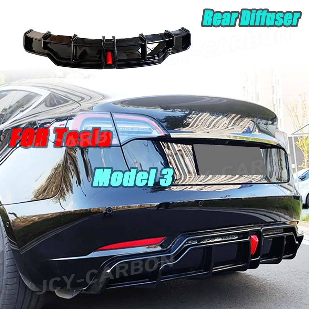 

ABS Gloss Black Car Rear Bumper Lip Diffuser Spoiler for Tesla Model 3 2017 + With LED Light Carbon Look Rear Bumper Diffuser