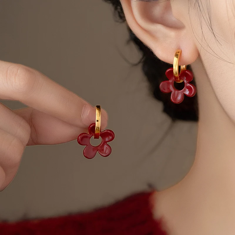 Ankela Red Glazed Flower Pendant Earrings for Young Girls 2024 Fashion Jewelry Christmas Party Women's Luxury Ears Accessories