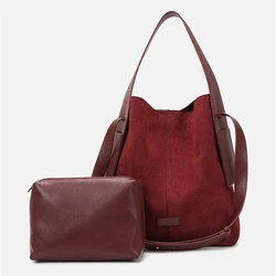 Angola Red Suede Type Hanging Tote Bag Designer Vintage Shoulder Bag Daily Genuine Leather Woman Tote Bag With Small Inner Bag
